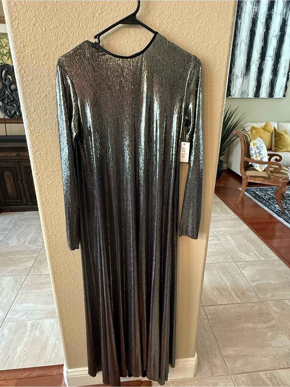 Expensive Italian Long Sleeve Slinky Metallic Maxi Dress - Dark Silver